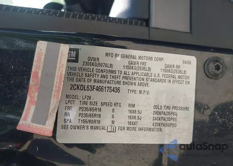 2006 Pontiac Torrent z USA, uszkodzony, nr VIN 2CKDL63F466175436